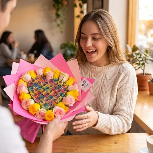 Ramo de flores rosas importadas y bombones de fruta corazon